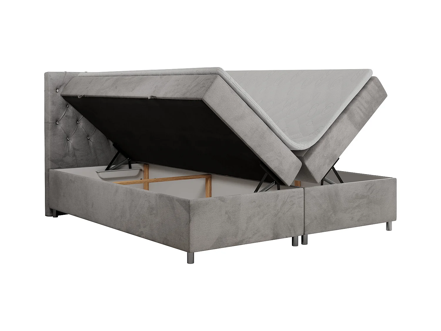 Boxspringbett ROMA mit gestepptem Kopfteil, Multipocket-Matratze, dekorative Füße - 200x200 cm - H3 - Hellgrau Velvet