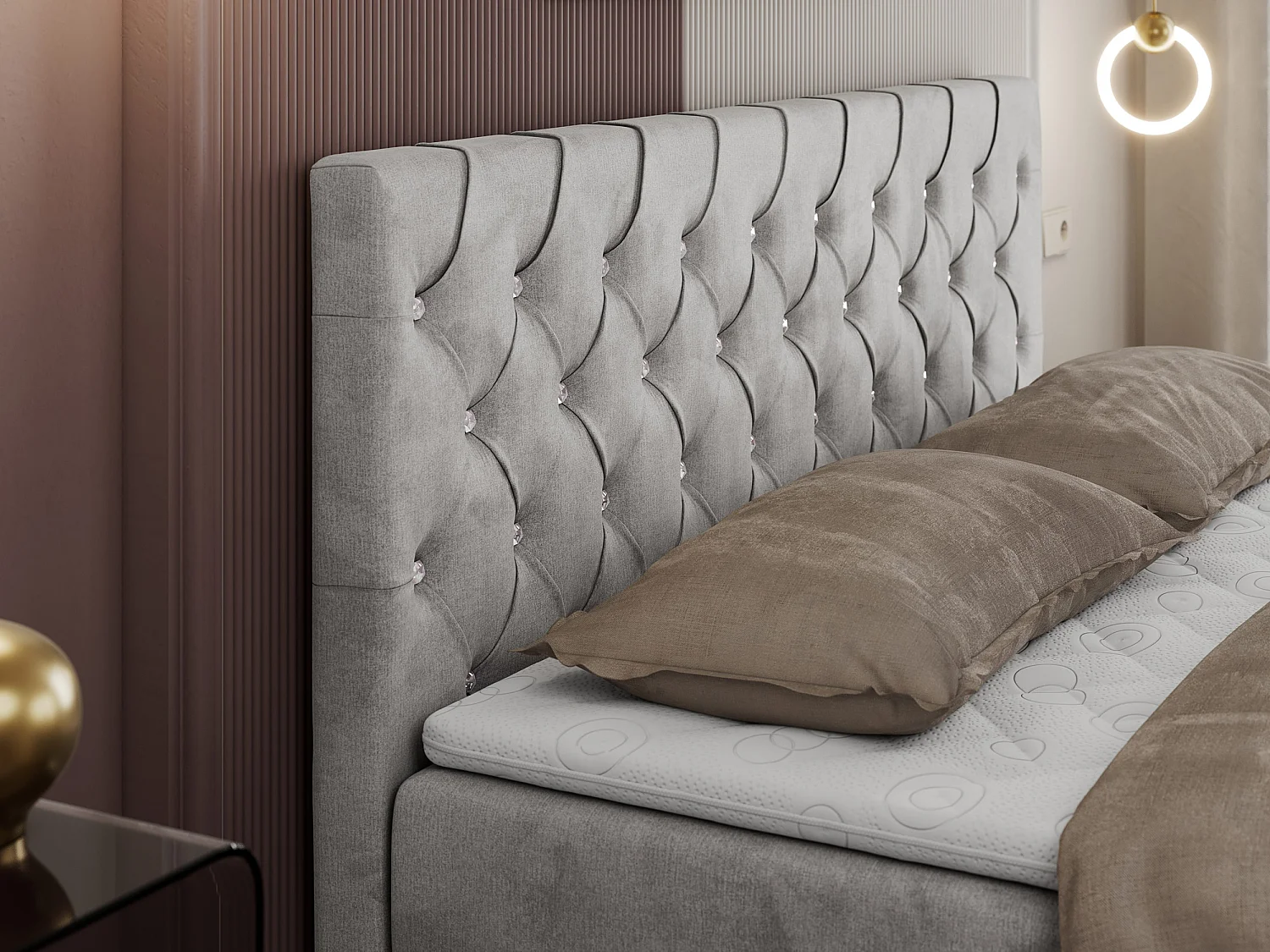 Boxspringbett ROMA mit gestepptem Kopfteil, Multipocket-Matratze, dekorative Füße - 200x200 cm - H3 - Hellgrau Velvet