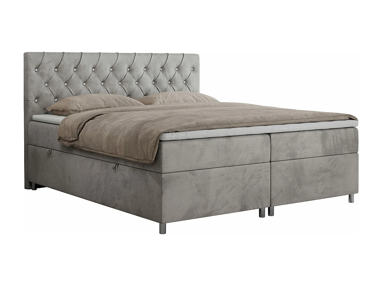 Boxspringbett ROMA mit gestepptem Kopfteil, Multipocket-Matratze, dekorative Füße - 200x200 cm - H3 - Hellgrau Velvet