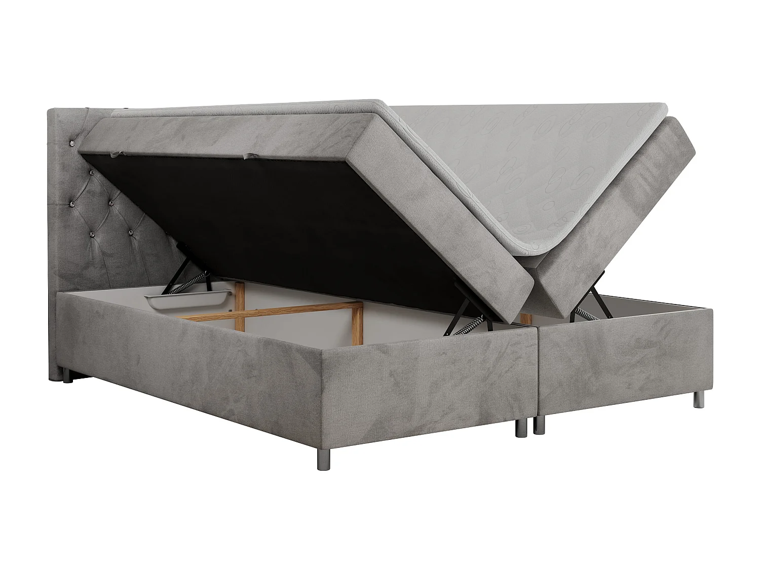 Boxspringbett ROMA mit gestepptem Kopfteil, Multipocket-Matratze, dekorative Füße - 200x200 cm - H3 - Hellgrau Velvet