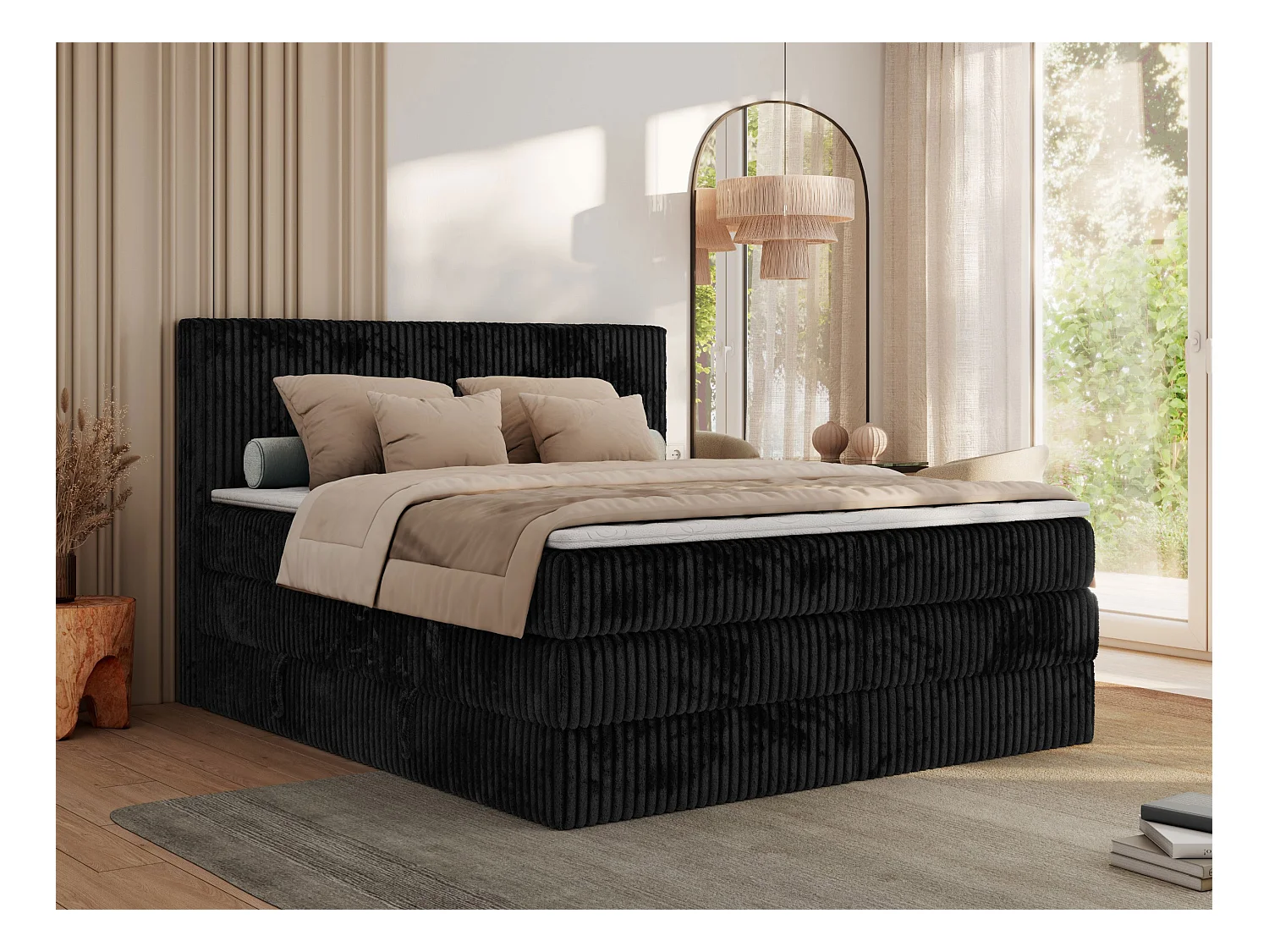 Boxspringbett TILIANO KING, Multipocket-Matratze, Cord Bett, Kopfteil und zwei Bettkästen - 200x200 cm - H4 - Schwarz Cord