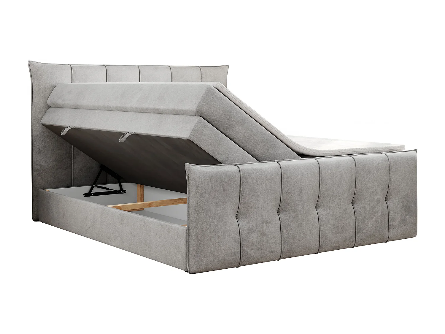 Boxspringbett PREMIUM 11 KING mit Stauraum, gestepptes Kopfteil, zwei Multipocket-Matratzen - 120x200 cm - H4 - Hellgrau Velvet