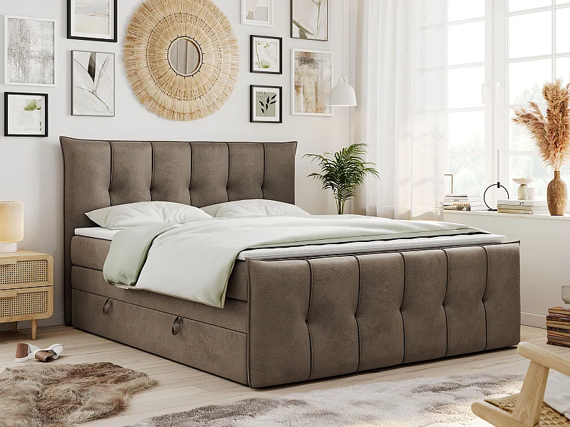 Boxspringbett PREMIUM 11 KING mit Stauraum, gestepptes Kopfteil, zwei Multipocket-Matratzen - 140x200 cm - H4 - Braun Velvet