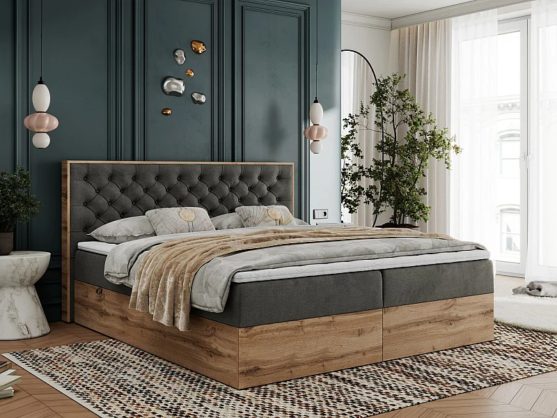 Boxspringbett ALBERO 3 - gesteppte Kopfstütze, Eiche Wotan Holzrahmen, Stauraum - 180x200 cm - H4 - Dunkelgrau Velvet