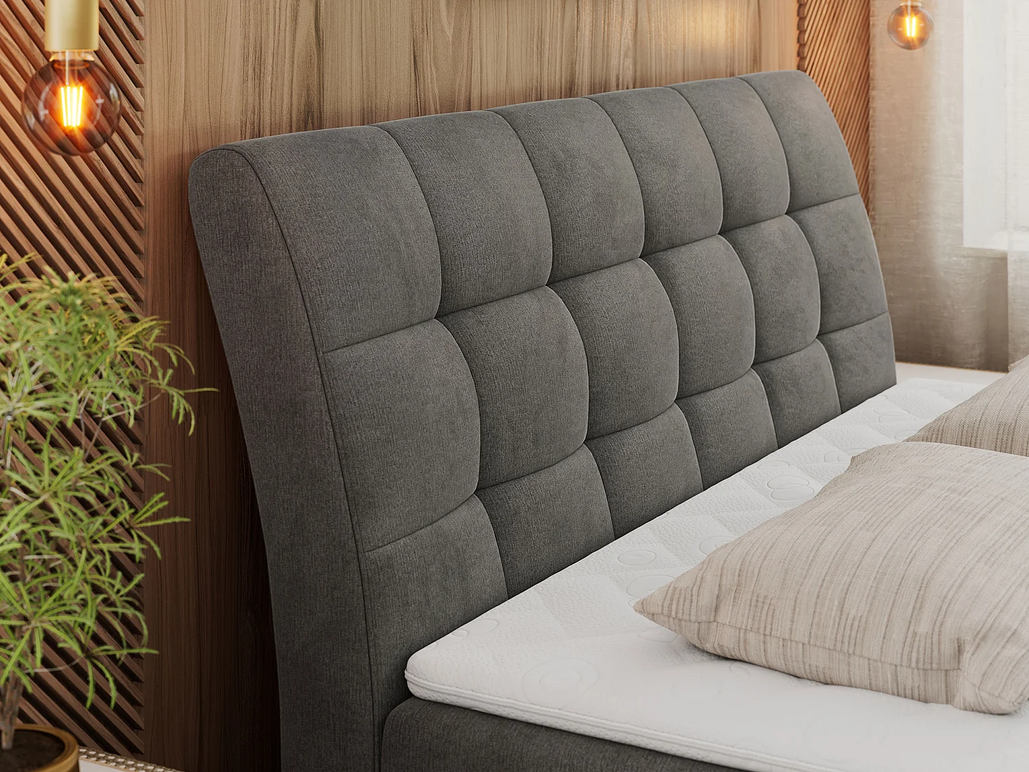 Boxspringbett DIEGOS mit Stauraum, gestepptem Kopfteil, Multipocket-Matratze - 160x200 cm - H4 - Dunkelgrau Velvet