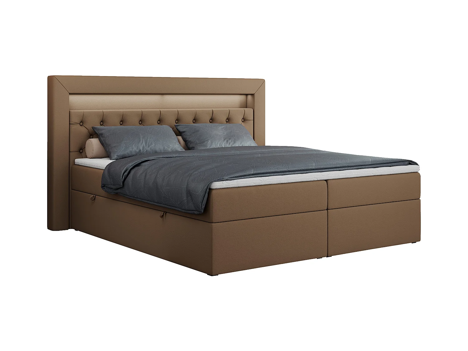 Boxspringbett GOLD 6, Doppelbett mit Stauraum, LED-Beleuchtung, gesteppte Kopfstütze - 120x200 cm - H4 - Braun Kunstleder