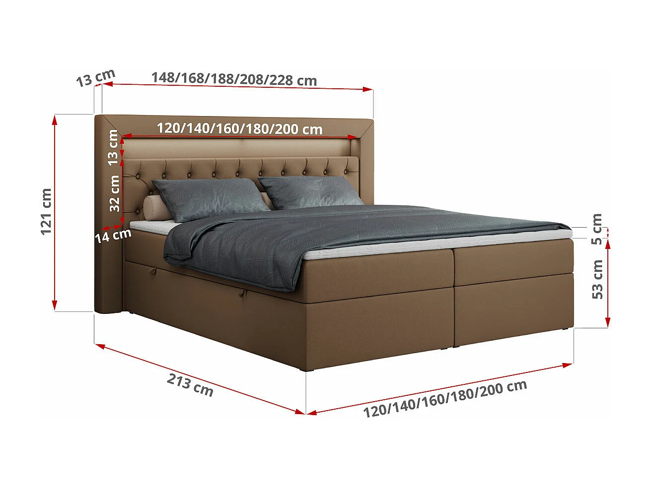 Boxspringbett GOLD 6, Doppelbett mit Stauraum, LED-Beleuchtung, gesteppte Kopfstütze - 120x200 cm - H4 - Braun Kunstleder