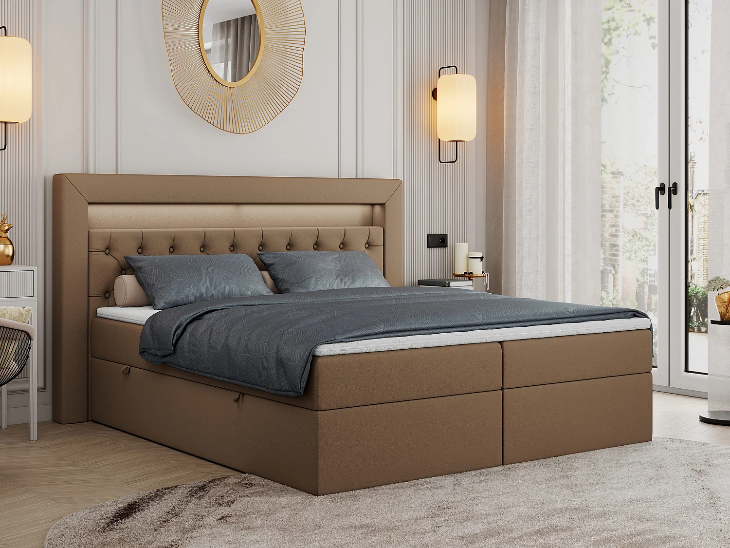 Boxspringbett GOLD 6, Doppelbett mit Stauraum, LED-Beleuchtung, gesteppte Kopfstütze - 120x200 cm - H4 - Braun Kunstleder