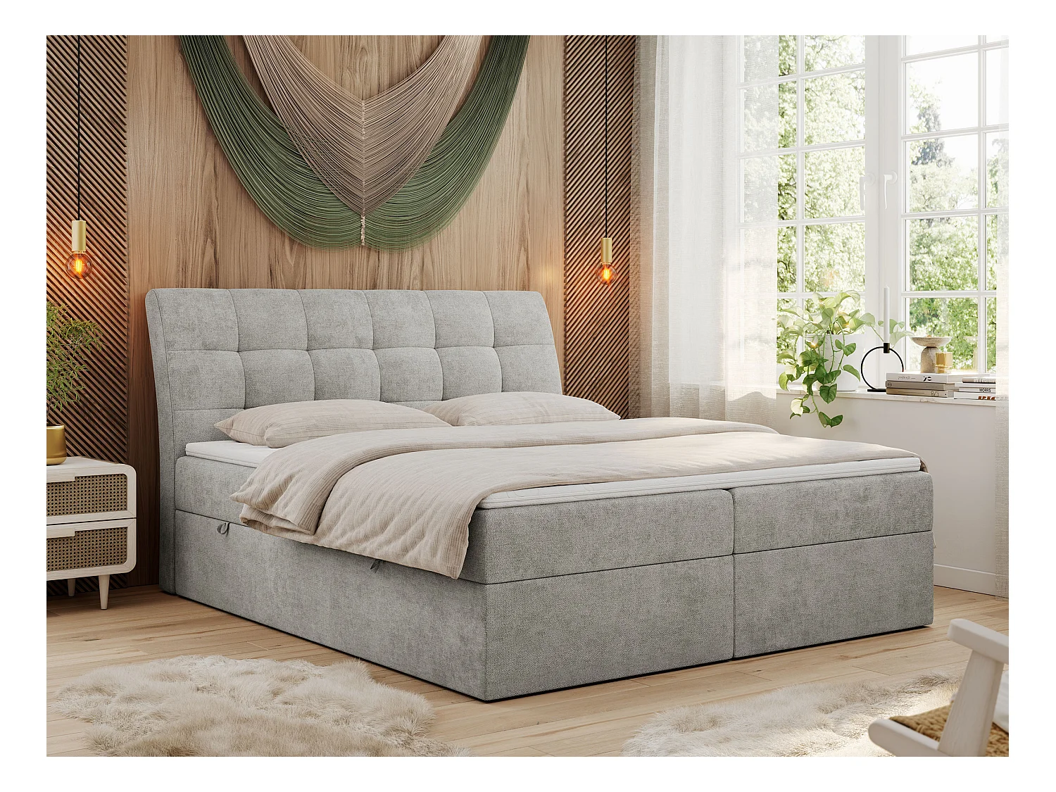 Boxspringbett DIEGOS mit Stauraum, gestepptem Kopfteil, Multipocket-Matratze - 180x200 cm - H4 - Hellgrau Strukture