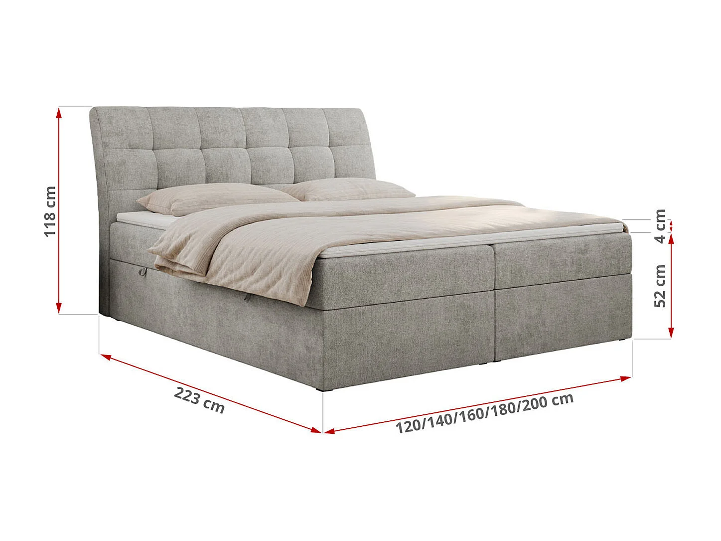 Boxspringbett DIEGOS mit Stauraum, gestepptem Kopfteil, Multipocket-Matratze - 180x200 cm - H4 - Hellgrau Strukture