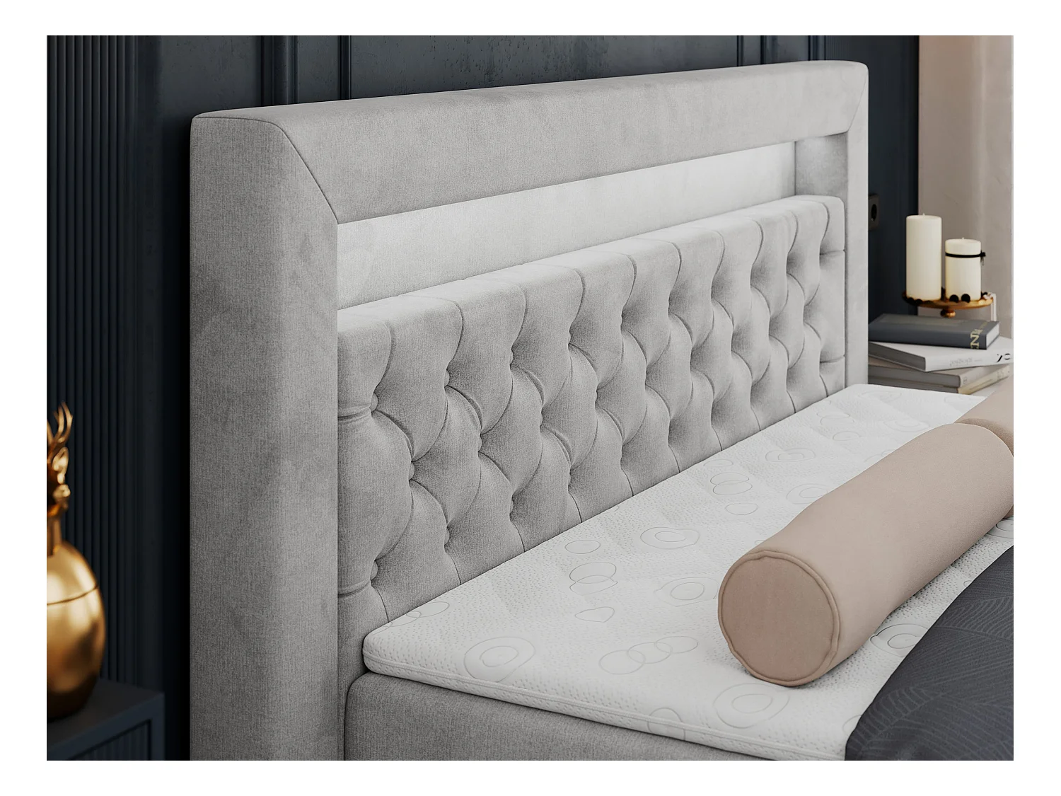 Boxspringbett GOLD 6, Doppelbett mit Stauraum, LED-Beleuchtung, gesteppte Kopfstütze - 200x200 cm - H3 - Hellgrau Velvet