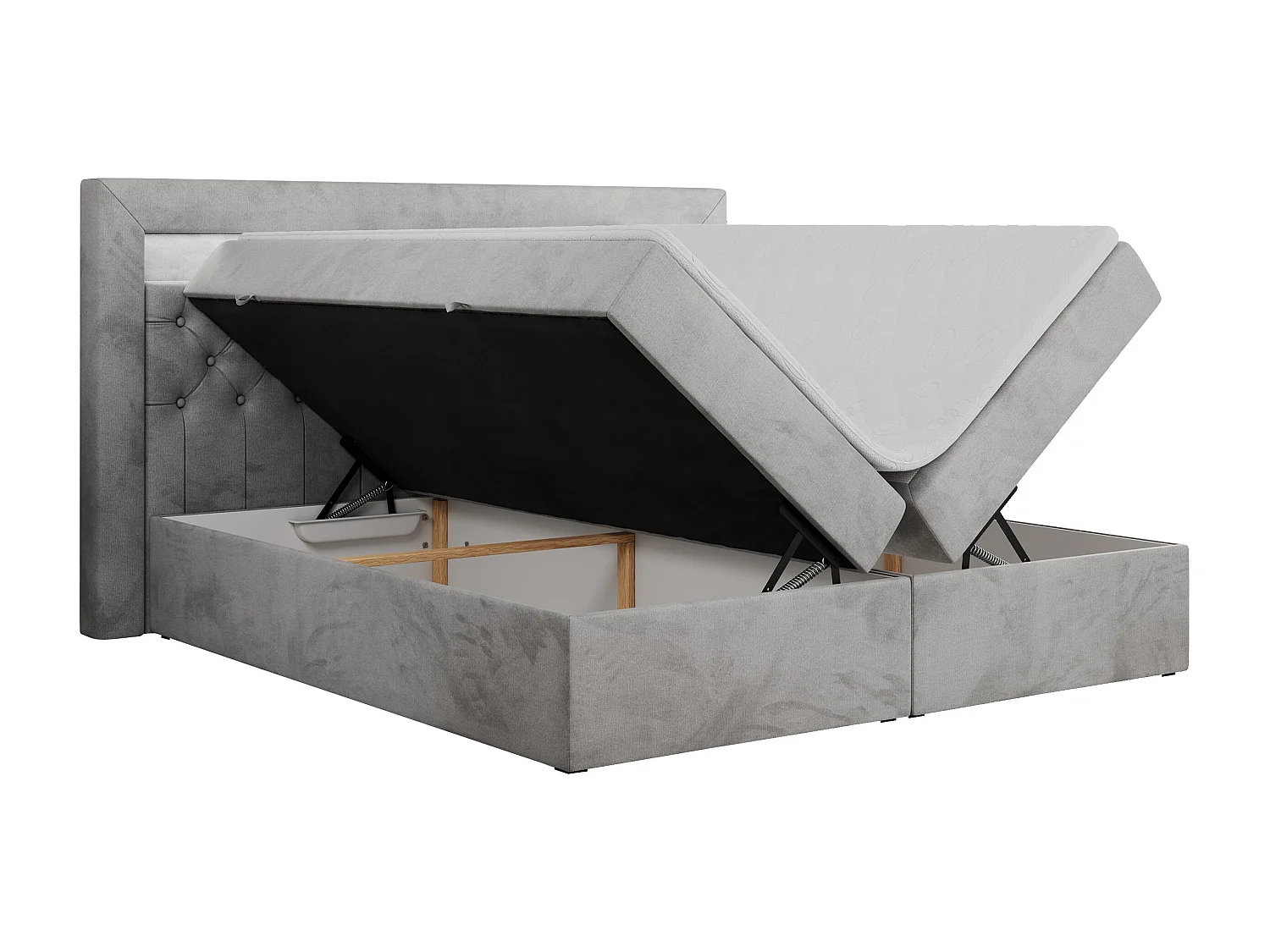 Boxspringbett GOLD 6, Doppelbett mit Stauraum, LED-Beleuchtung, gesteppte Kopfstütze - 200x200 cm - H3 - Hellgrau Velvet