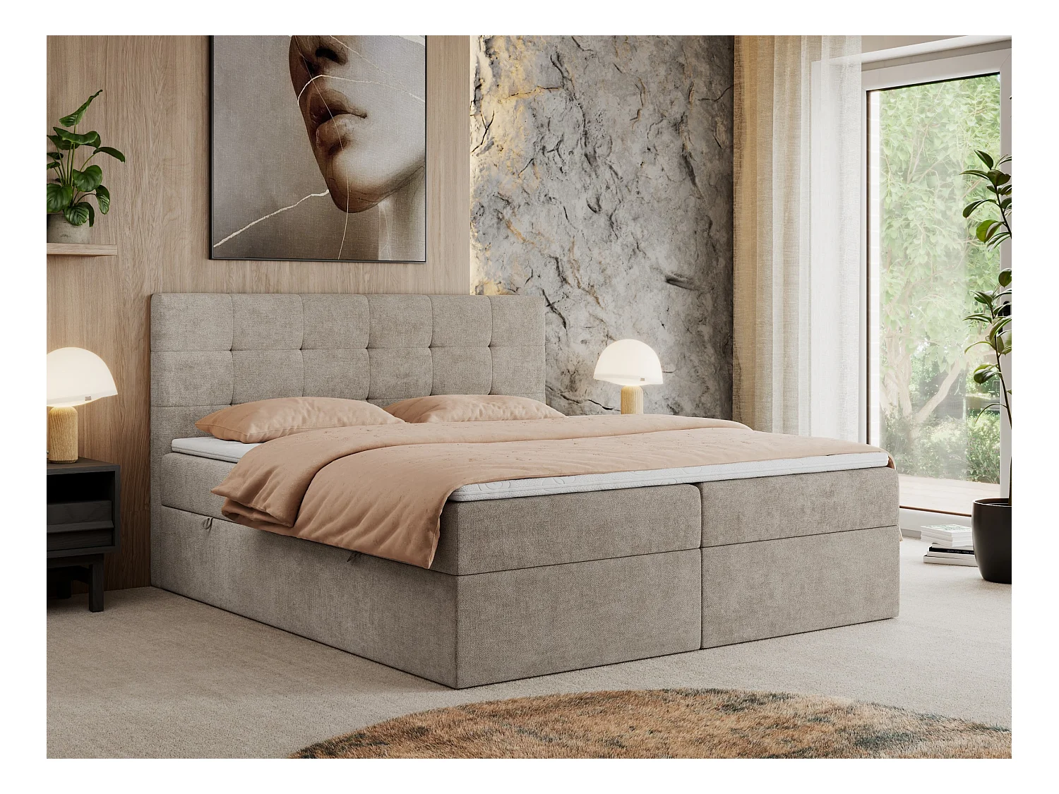 Boxspringbett CENTOS mit gestepptem Kopfteil, Multipocket-Matratze, Doppelbett mit Stauraum - 120x200 cm - H3 - Beige Struktur
