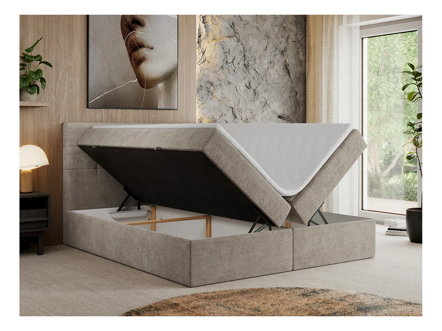 Boxspringbett CENTOS mit gestepptem Kopfteil, Multipocket-Matratze, Doppelbett mit Stauraum - 120x200 cm - H3 - Beige Struktur