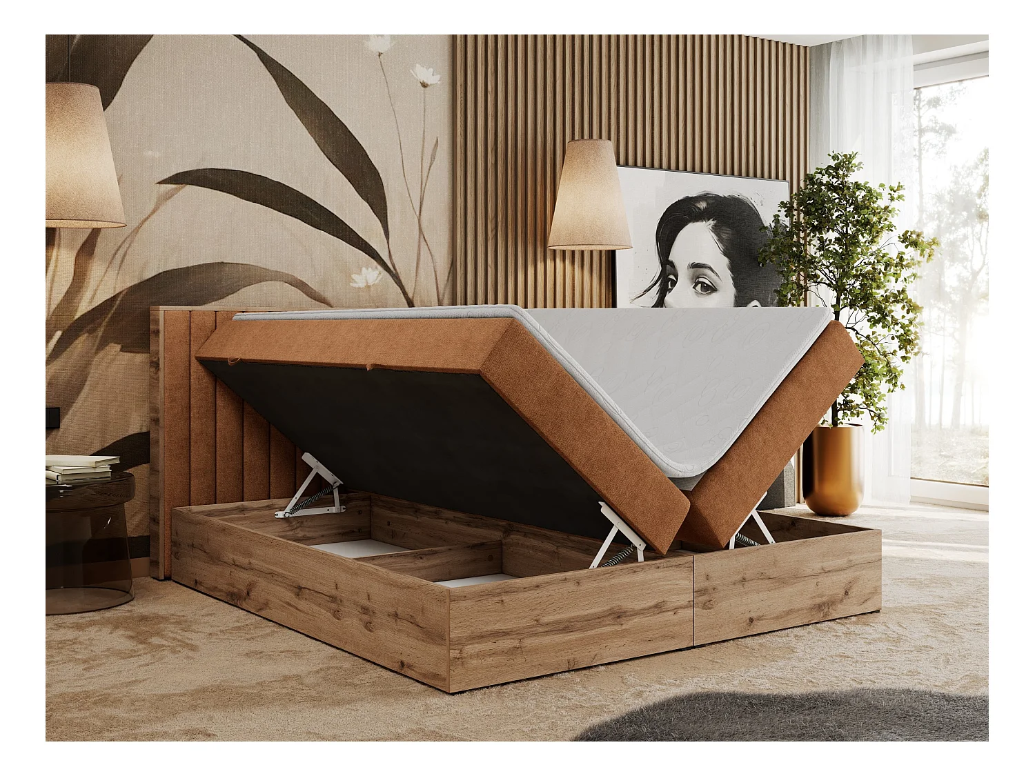 Boxspringbett ALBERO 4, Eiche Wotan Holzrahmen, mit Stauraum, genähtes Kopfteil - 120x200 cm - H4 - Orange Strukture