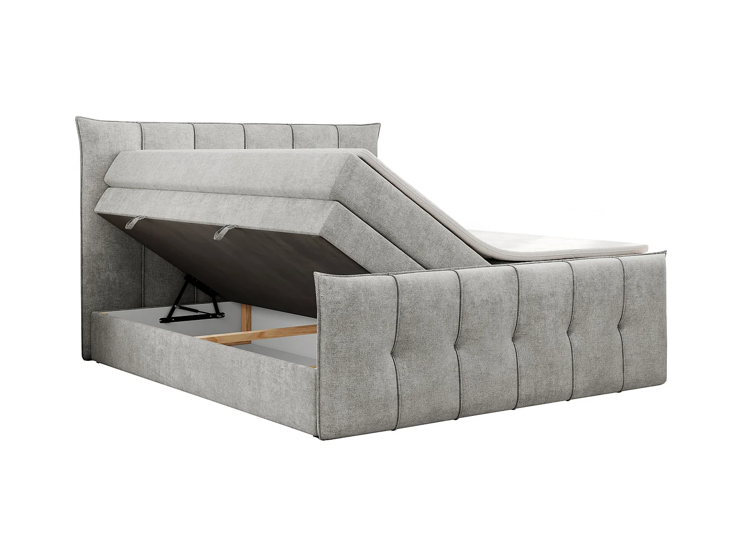 Boxspringbett PREMIUM 11 KING mit Stauraum, gestepptes Kopfteil, zwei Multipocket-Matratzen - 120x200 cm - H4 - Hellgrau Strukture