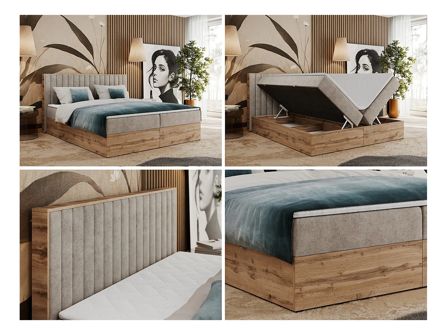 Boxspringbett ALBERO 4, Eiche Wotan Holzrahmen, mit Stauraum, genähtes Kopfteil - 160x200 cm - H4 - Beige Strukture