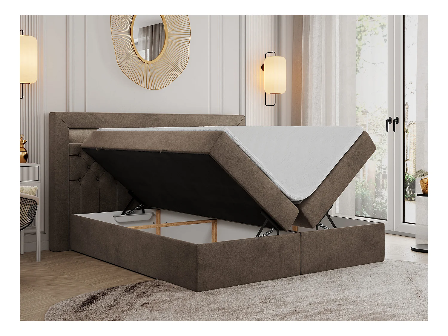 Boxspringbett GOLD 6, Doppelbett mit Stauraum, LED-Beleuchtung, gesteppte Kopfstütze - 120x200 cm - H3 - Braun Velvet