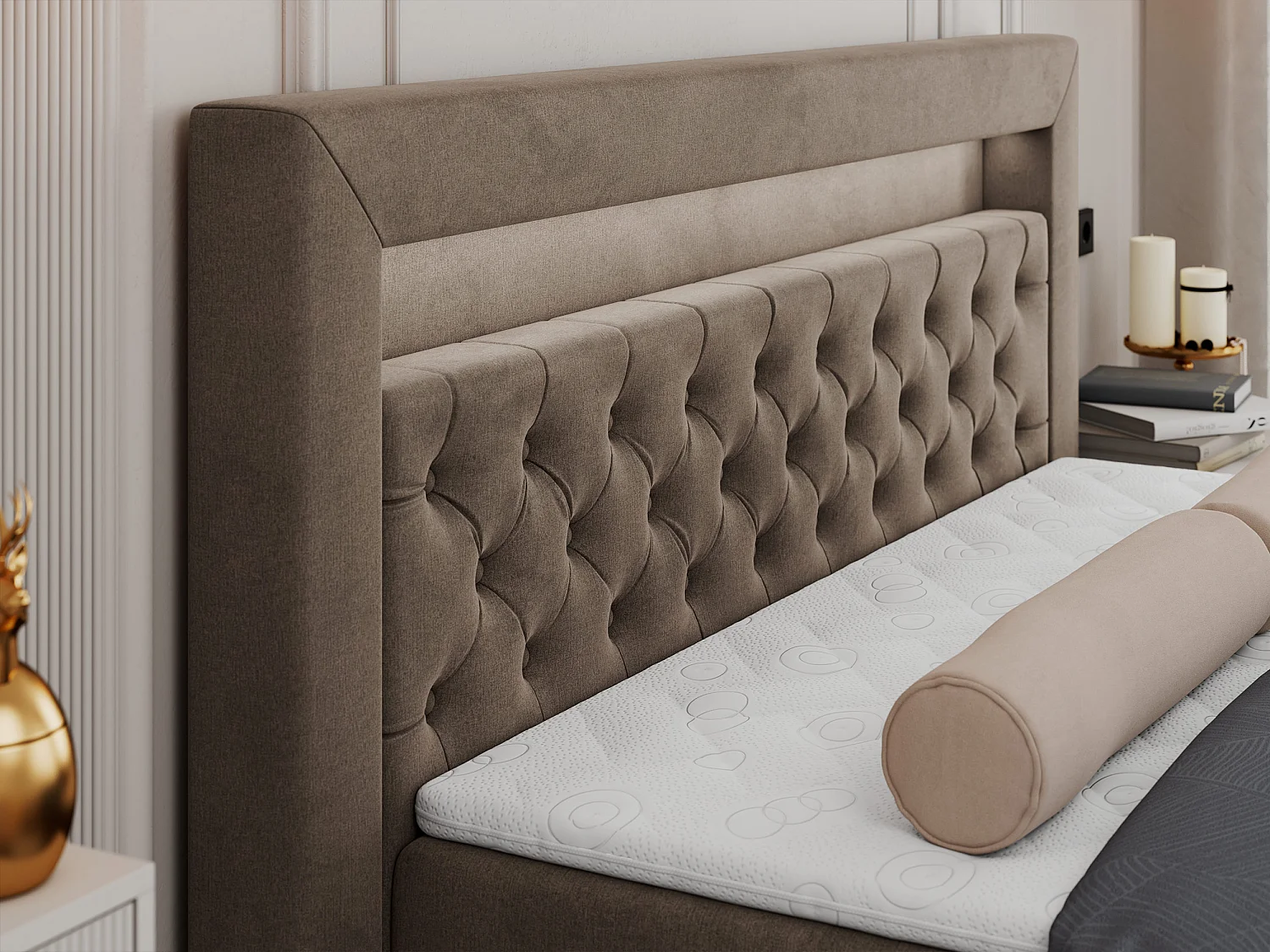 Boxspringbett GOLD 6, Doppelbett mit Stauraum, LED-Beleuchtung, gesteppte Kopfstütze - 120x200 cm - H3 - Braun Velvet