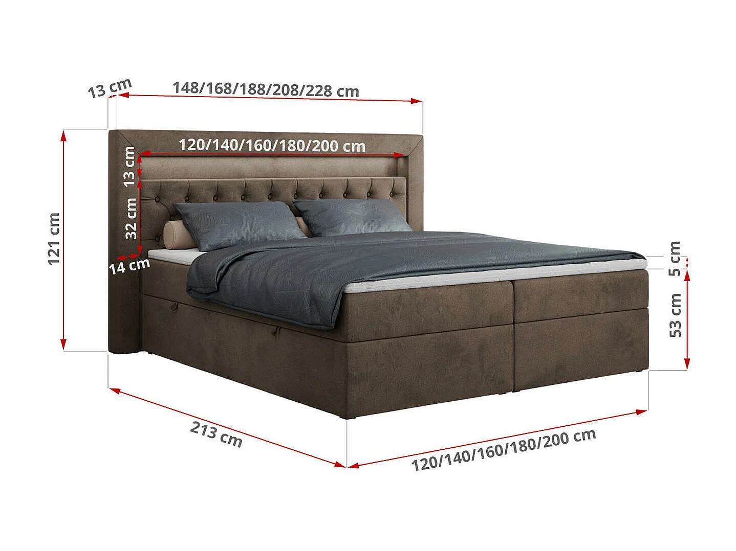 Boxspringbett GOLD 6, Doppelbett mit Stauraum, LED-Beleuchtung, gesteppte Kopfstütze - 120x200 cm - H3 - Braun Velvet