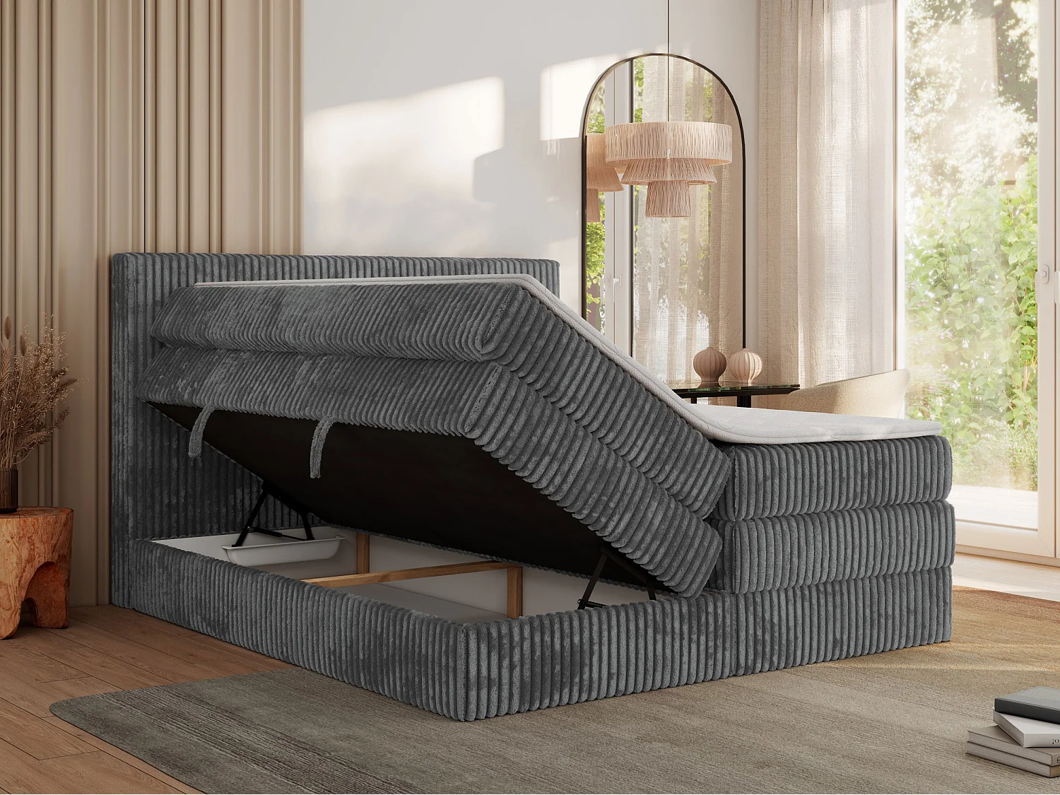 Boxspringbett TILIANO KING, Multipocket-Matratze, Cord Bett, Kopfteil und zwei Bettkästen - 160x200 cm - H3 - Grau Cord