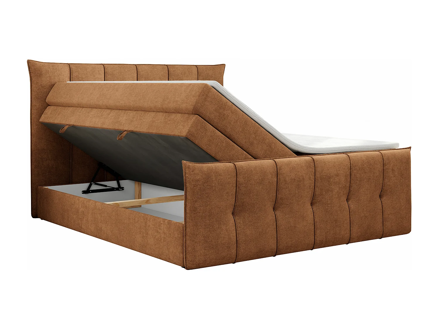 Boxspringbett PREMIUM 11 KING mit Stauraum, gestepptes Kopfteil, zwei Multipocket-Matratzen - 160x200 cm - H4 - Orange Strukture