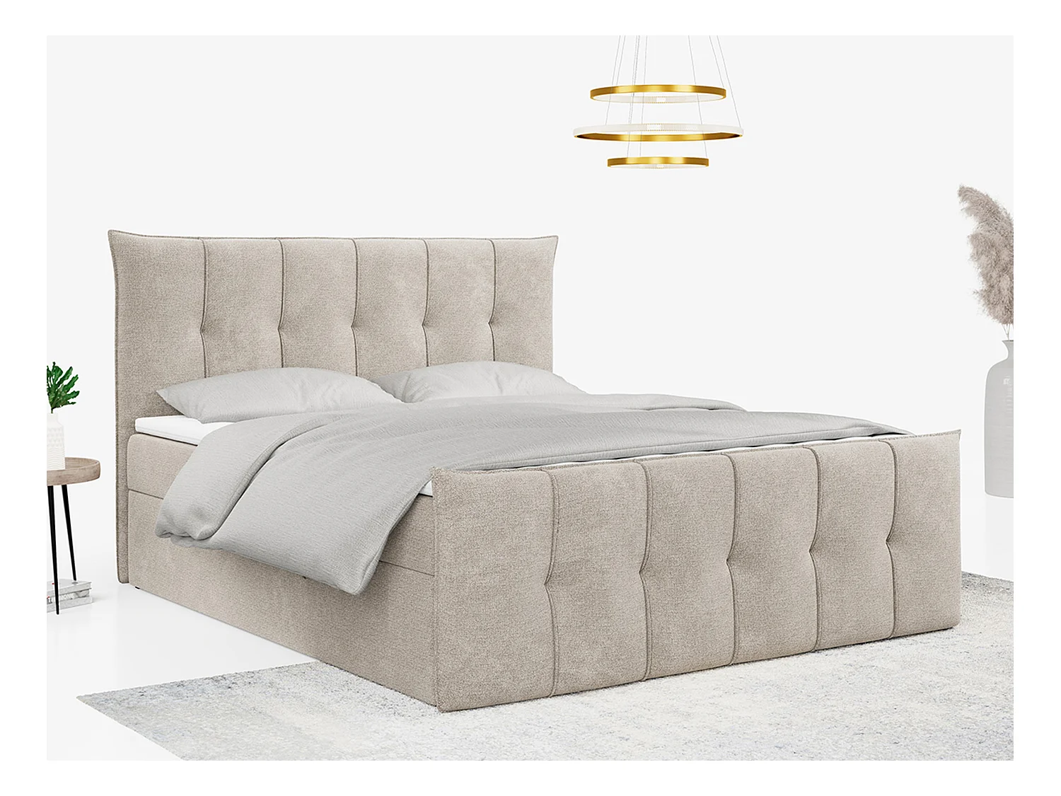 Boxspringbett PREMIUM 11 mit Stauraum, gestepptem Kopfteil, Multipocket-Matratze und Topper - 180x200 cm - H3 - Beige Strukture