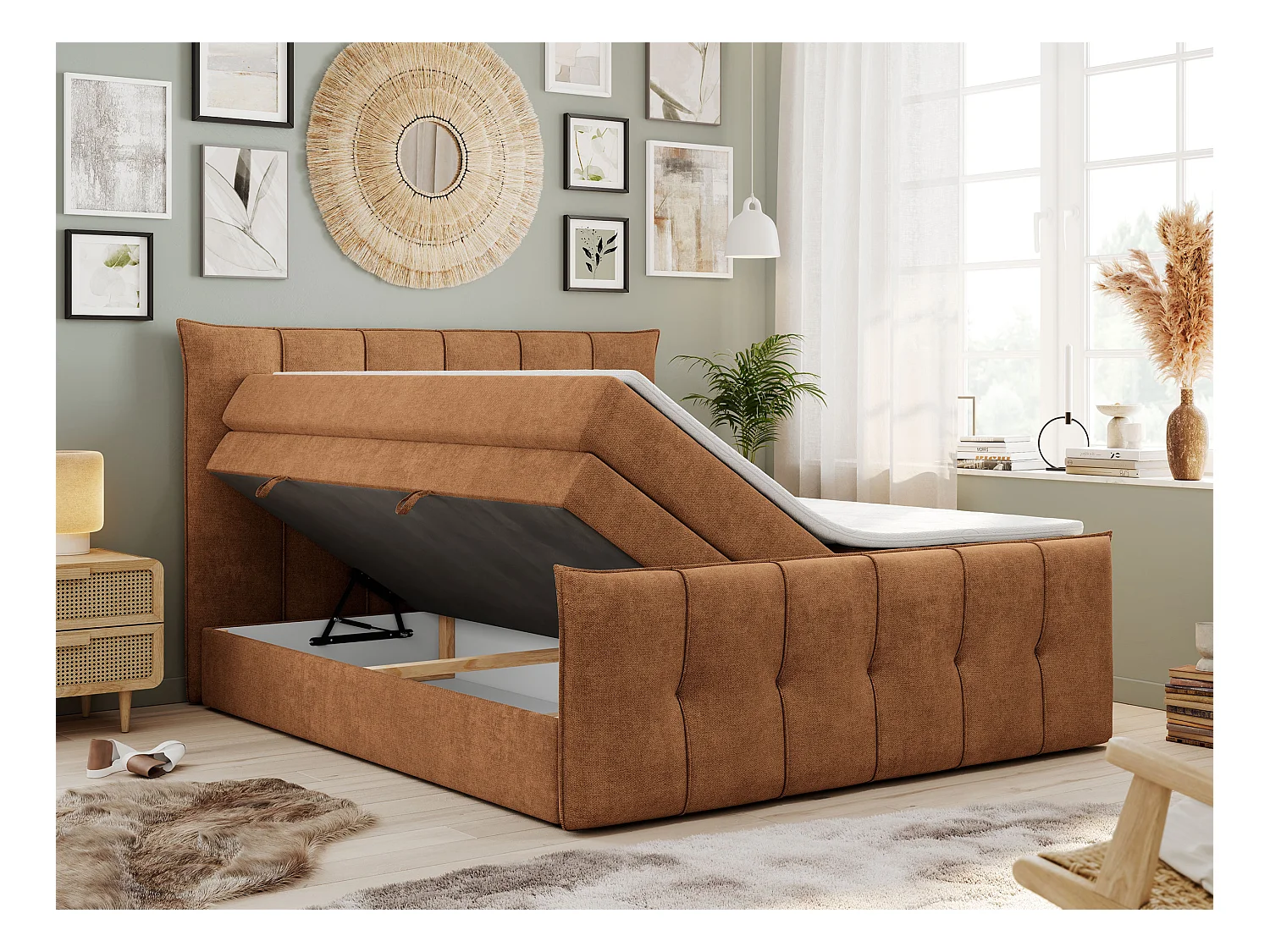 Boxspringbett PREMIUM 11 KING mit Stauraum, gestepptes Kopfteil, zwei Multipocket-Matratzen - 120x200 cm - H3 - Orange Strukture