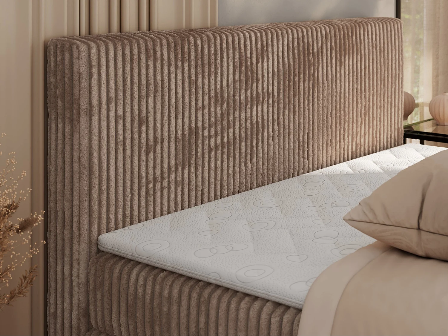 Boxspringbett TILIANO KING, Multipocket-Matratze, Cord Bett, Kopfteil und zwei Bettkästen - 200x200 cm - H3 - Braun Cord