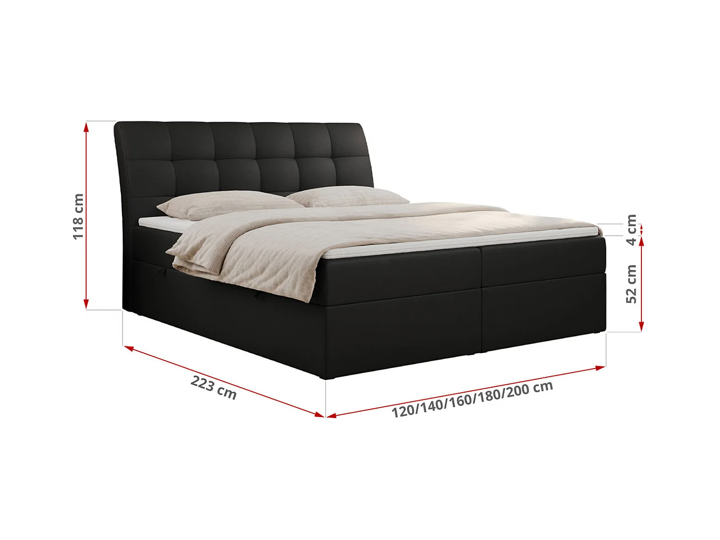 Boxspringbett DIEGOS mit Stauraum, gestepptem Kopfteil, Multipocket-Matratze - 200x200 cm - H3 - Schwarz Kunstleder