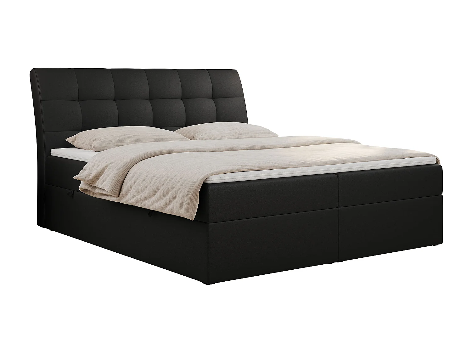 Boxspringbett DIEGOS mit Stauraum, gestepptem Kopfteil, Multipocket-Matratze - 200x200 cm - H3 - Schwarz Kunstleder