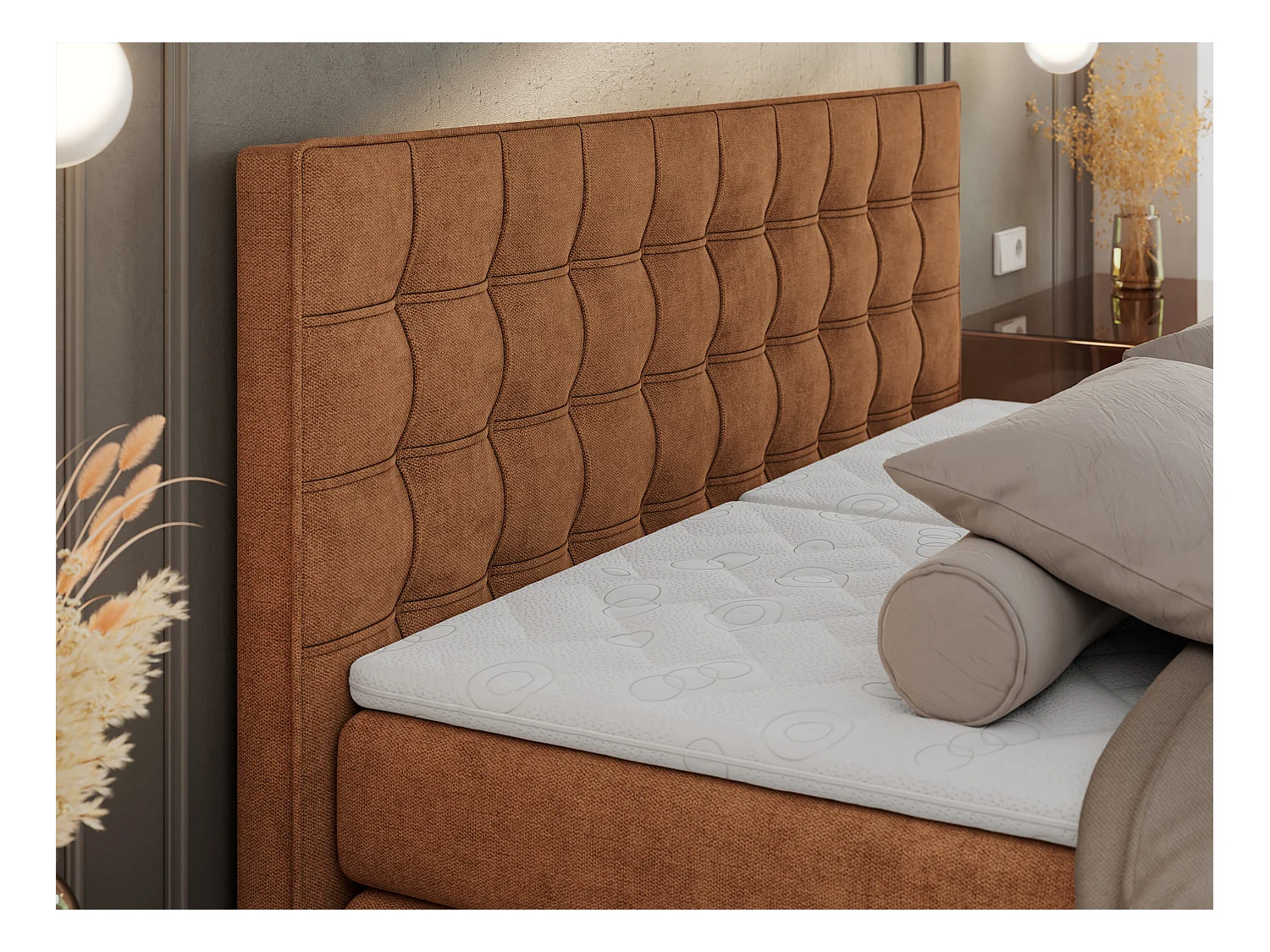 Boxspringbett ELEKTRO mit Multipocket-Matratze, Elektrisch verstellbare, genähtes Kopfteil - 140x200 cm - H3 - Orange Strukture