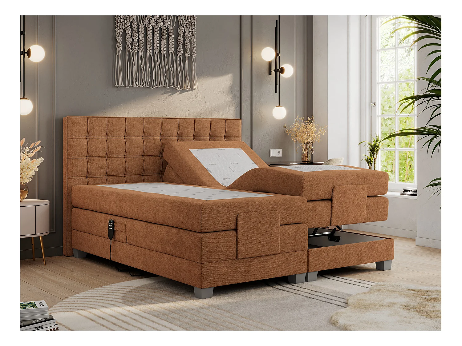 Boxspringbett ELEKTRO mit Multipocket-Matratze, Elektrisch verstellbare, genähtes Kopfteil - 140x200 cm - H3 - Orange Strukture