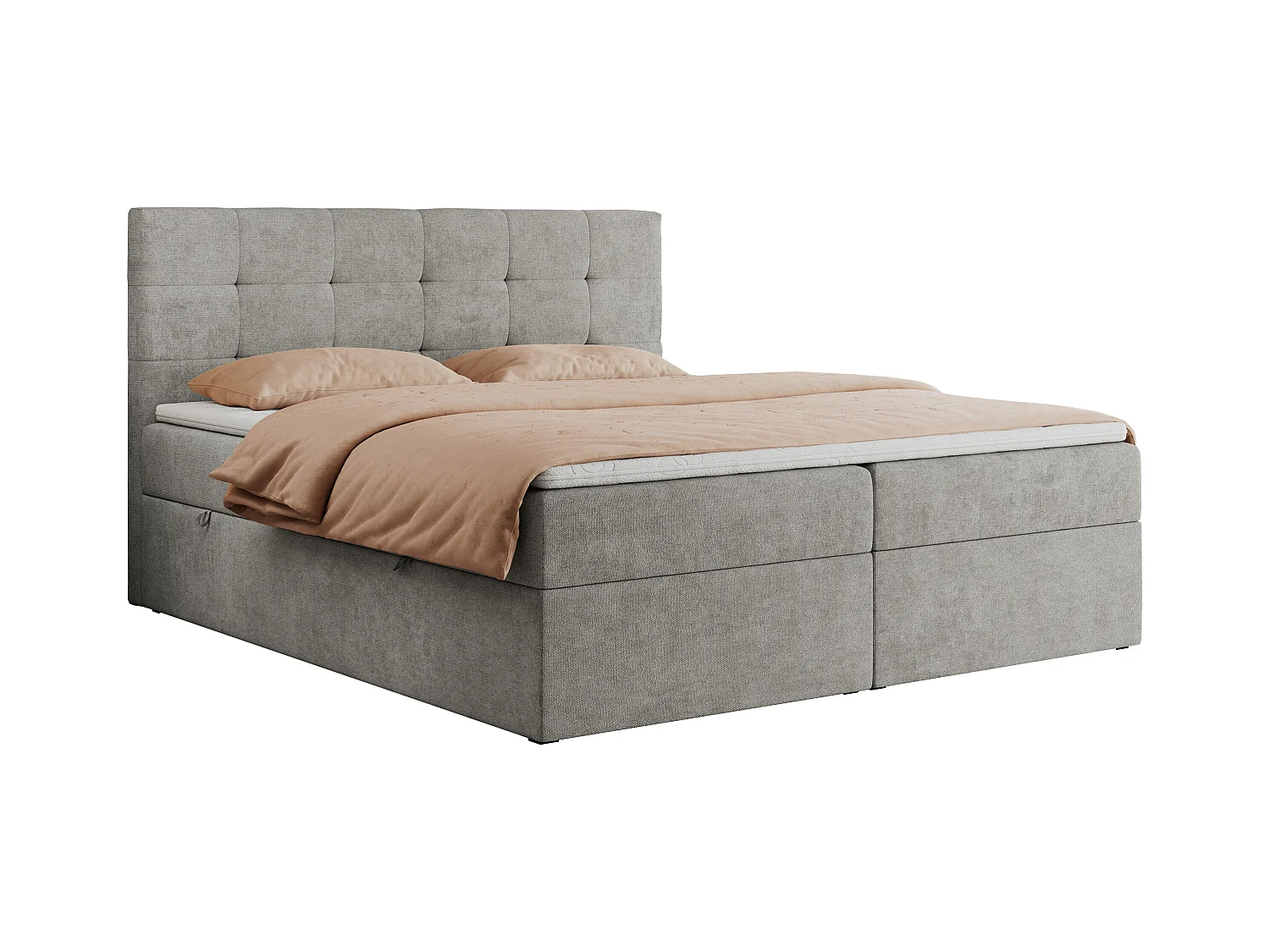 Boxspringbett CENTOS mit gestepptem Kopfteil, Multipocket-Matratze, Doppelbett mit Stauraum - 160x200 cm - H3 - Hellgrau Struktur
