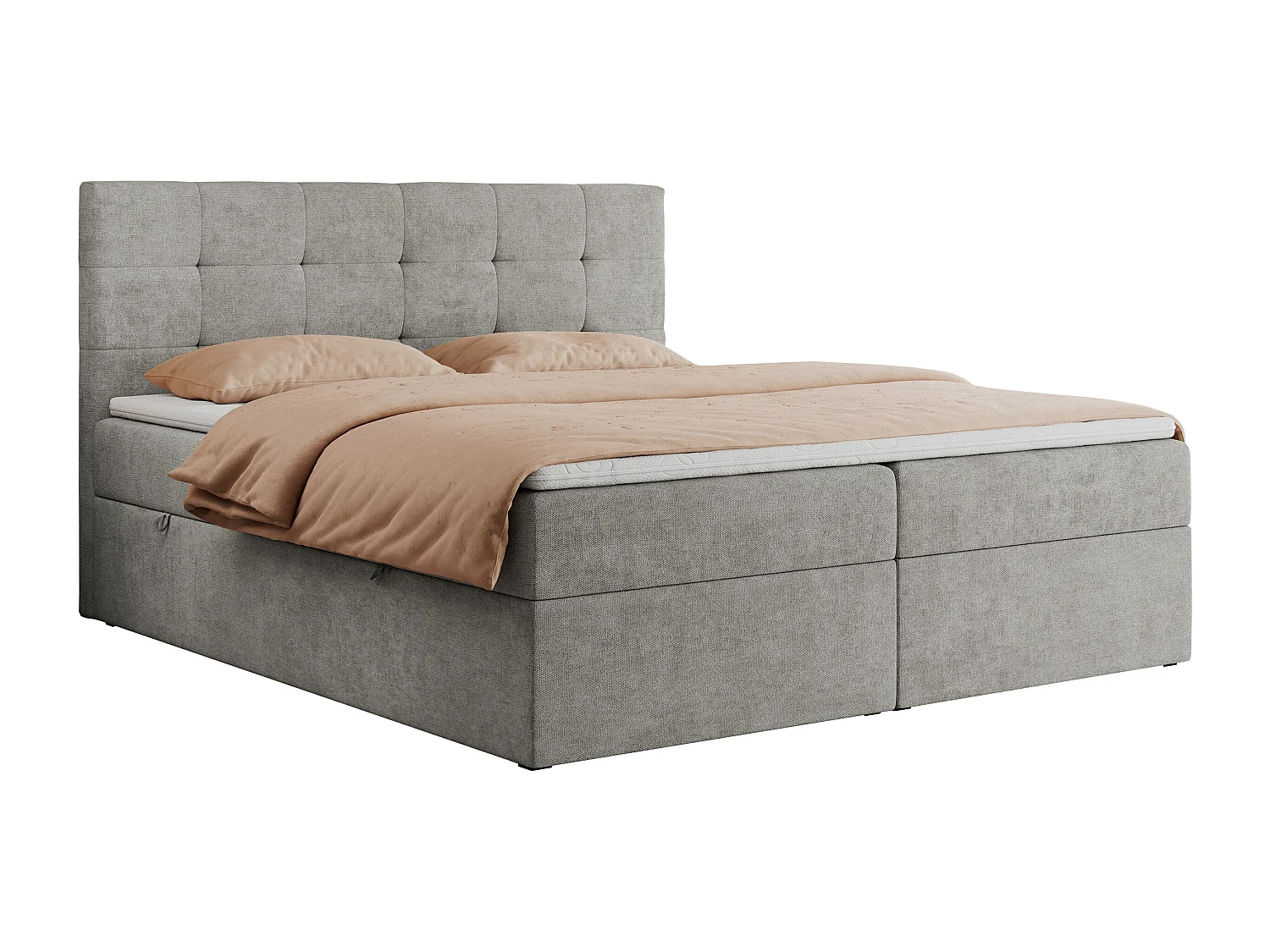 Boxspringbett CENTOS mit gestepptem Kopfteil, Multipocket-Matratze, Doppelbett mit Stauraum - 160x200 cm - H3 - Hellgrau Struktur