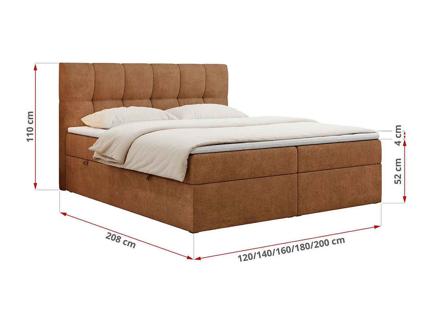 Boxspringbett RICO, Doppelbett mit Matratze, zwei Bettkästen, Bett mit Kopfteil - 180x200 cm - H3 - Orange Stukture