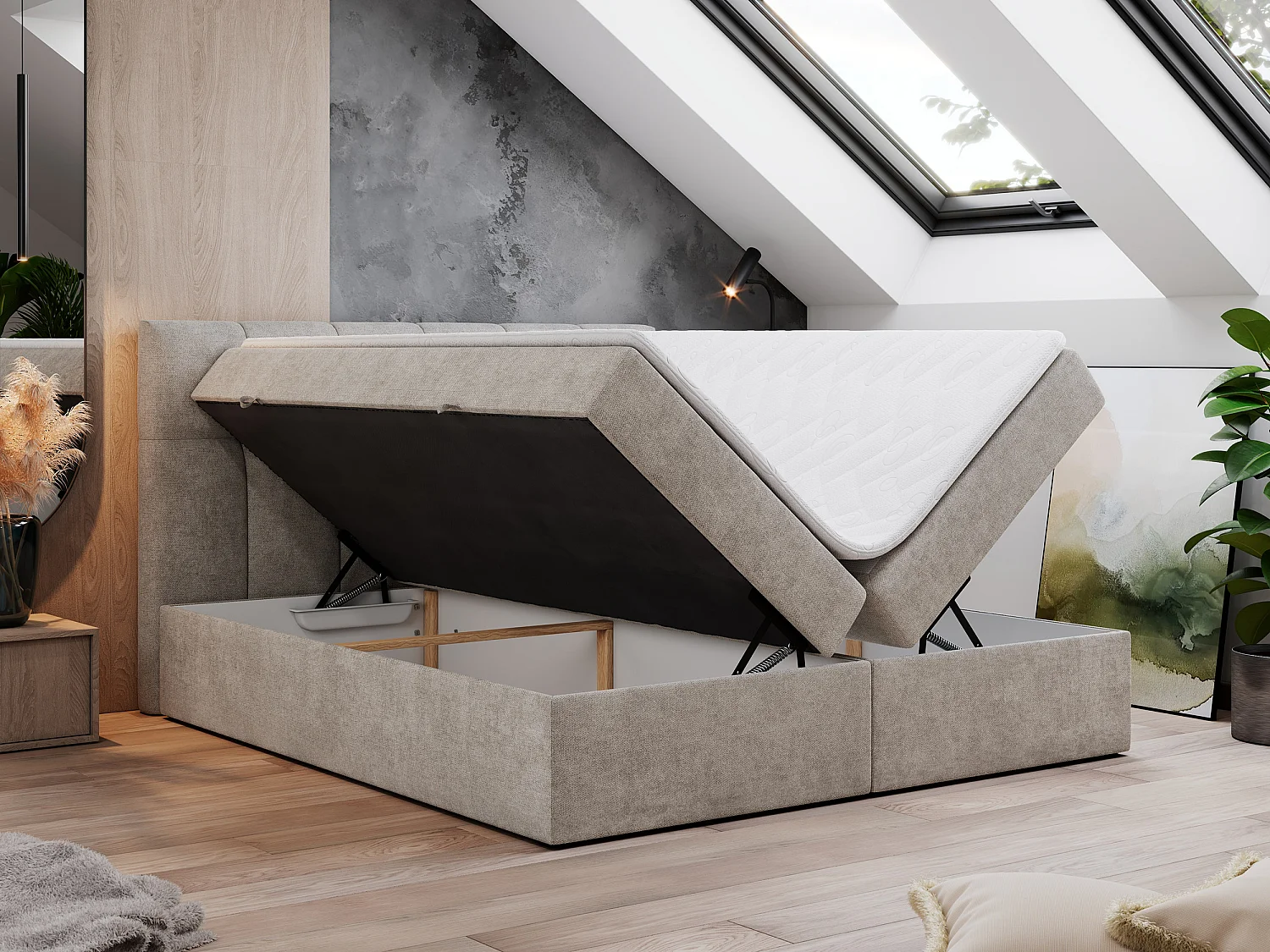 Boxspringbett RICO, Doppelbett mit Matratze, zwei Bettkästen, Bett mit Kopfteil - 120x200 cm - H4 - Beige Stukture