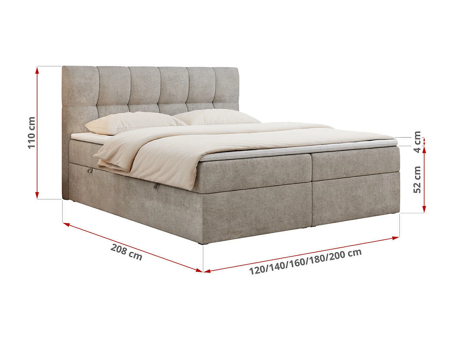 Boxspringbett RICO, Doppelbett mit Matratze, zwei Bettkästen, Bett mit Kopfteil - 120x200 cm - H4 - Beige Stukture