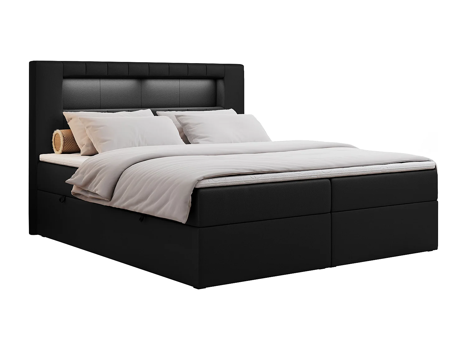 Boxspringbett GOLD 5 mit Multipocket-Matratze und LED, zwei Bettkästen - 180x200 cm - H3 - Schwarz Kunstleder