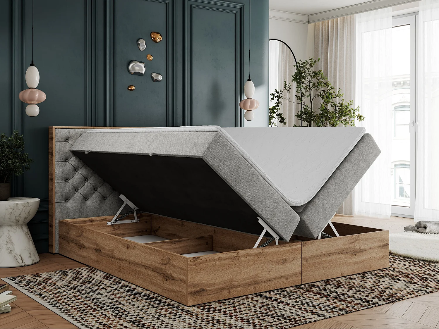Boxspringbett ALBERO 3 - gesteppte Kopfstütze, Eiche Wotan Holzrahmen, Stauraum - 180x200 cm - H3 - Hellgrau Strukture