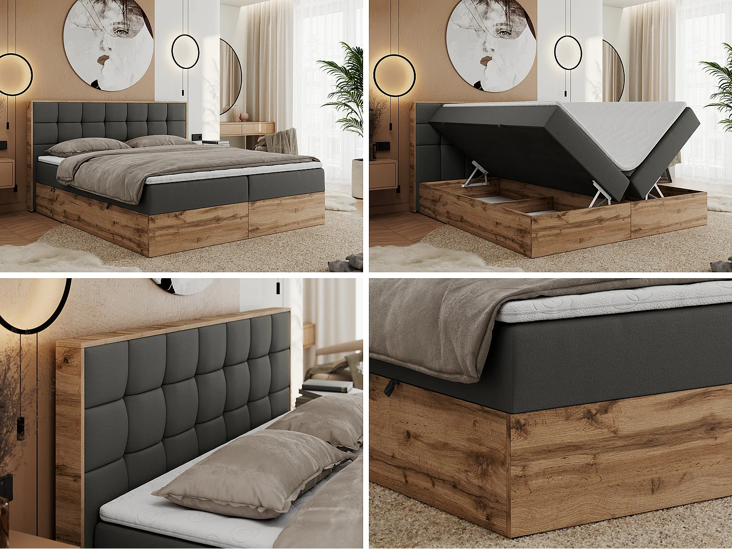 Boxspringbett ALBERO 1, Polsterbett mit gestepptem Kopfteil, Multipocket-Matratze - 140x200 cm - H4 - Dunkelgrau Kunstleder