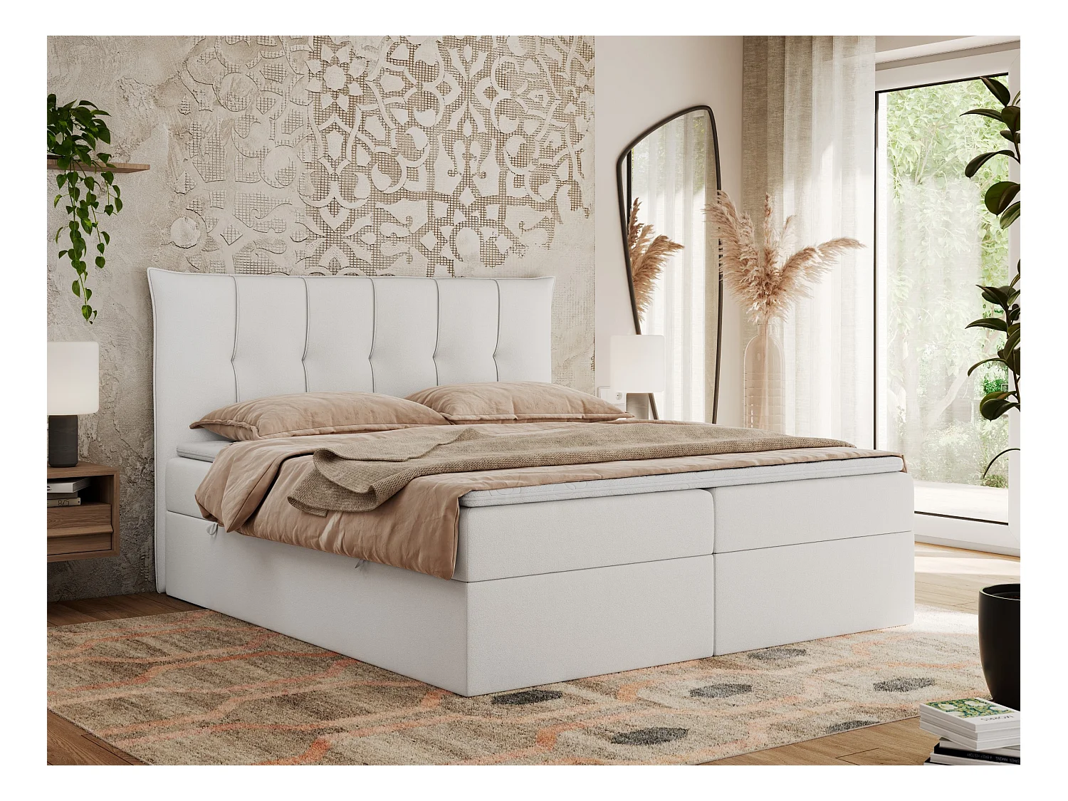 Boxspringbett PREMIUM 10 mit Multipocket-Matratze, gesteppte Kopfstütze, zwei Bettkästen - 120x200 cm - H4 - Weiß Kunstleder