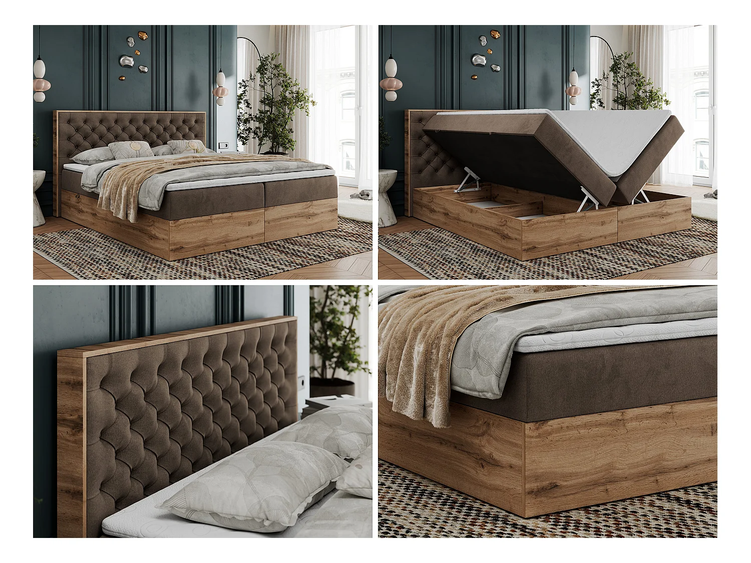 Boxspringbett ALBERO 3 - gesteppte Kopfstütze, Eiche Wotan Holzrahmen, Stauraum - 140x200 cm - H4 - Braun Velvet