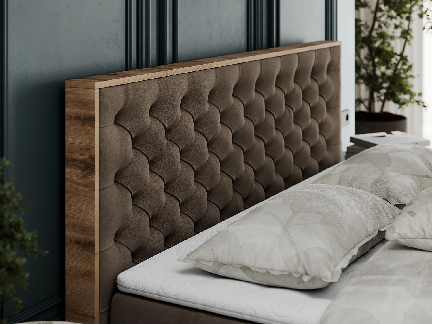 Boxspringbett ALBERO 3 - gesteppte Kopfstütze, Eiche Wotan Holzrahmen, Stauraum - 140x200 cm - H4 - Braun Velvet