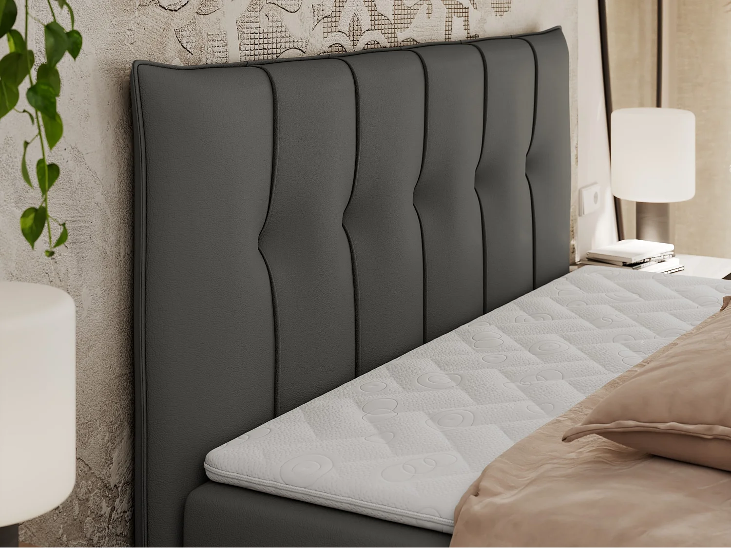 Boxspringbett PREMIUM 10 mit Multipocket-Matratze, gesteppte Kopfstütze, zwei Bettkästen - 200x200 cm - H4 - Dunkelgrau Kunstleder