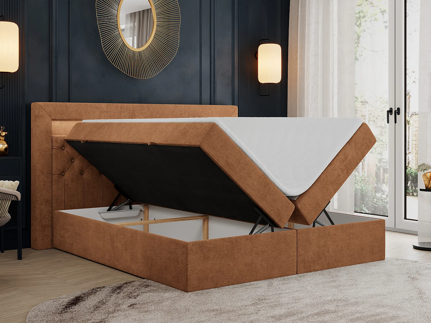 Boxspringbett GOLD 6, Doppelbett mit Stauraum, LED-Beleuchtung, gesteppte Kopfstütze - 160x200 cm - H3 - Orange Strukture