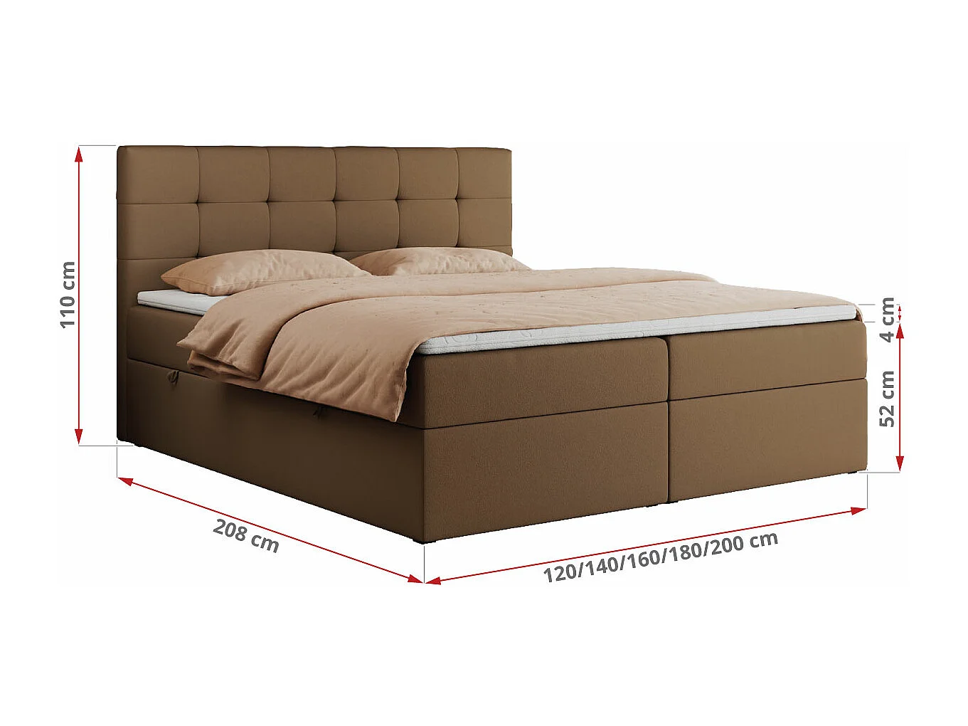 Boxspringbett CENTOS mit gestepptem Kopfteil, Multipocket-Matratze, Doppelbett mit Stauraum - 120x200 cm - H4 - Braun Kunstleder