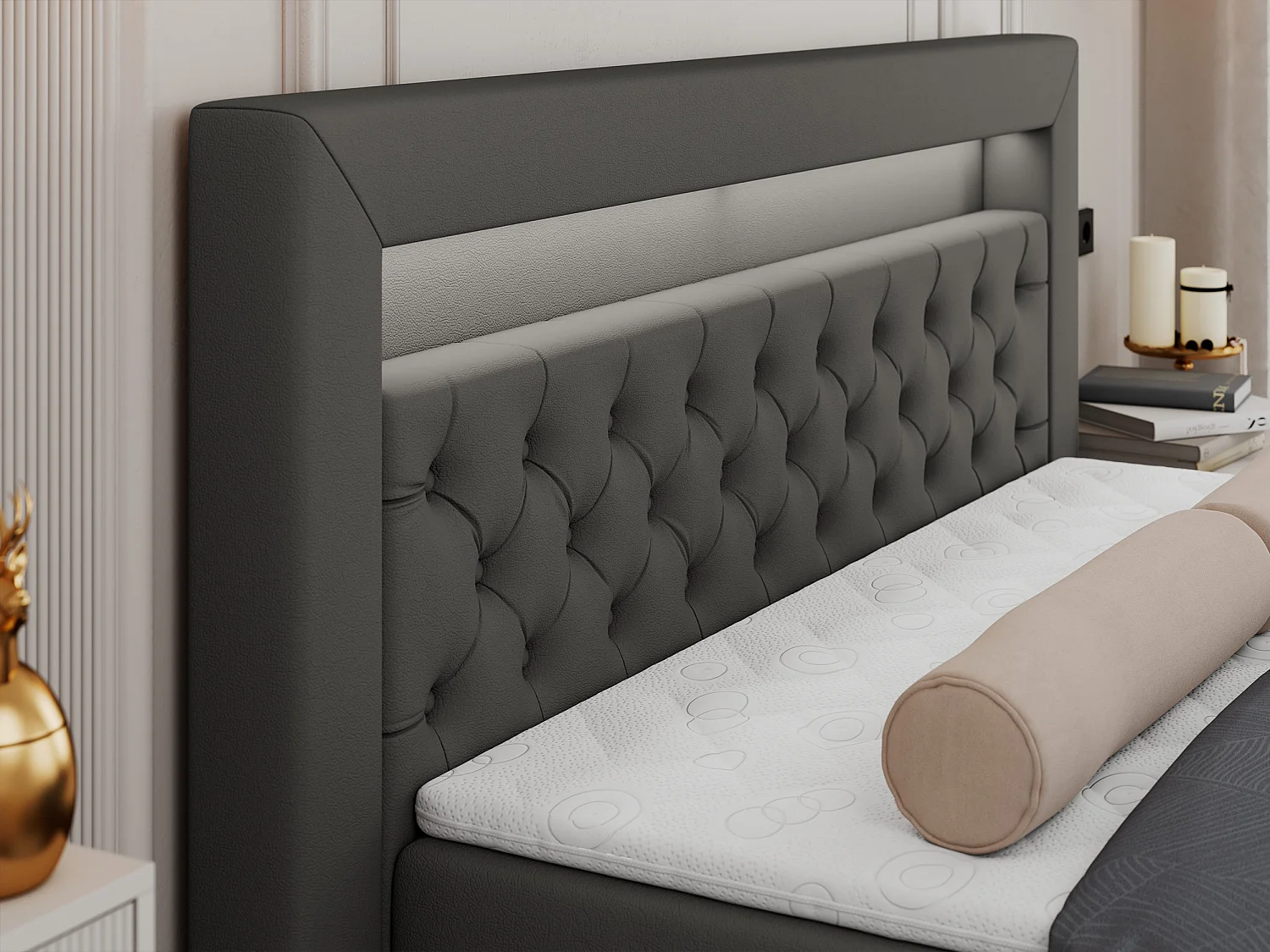 Boxspringbett GOLD 6, Doppelbett mit Stauraum, LED-Beleuchtung, gesteppte Kopfstütze - 120x200 cm - H4 - Dunkelgrau Kunstleder