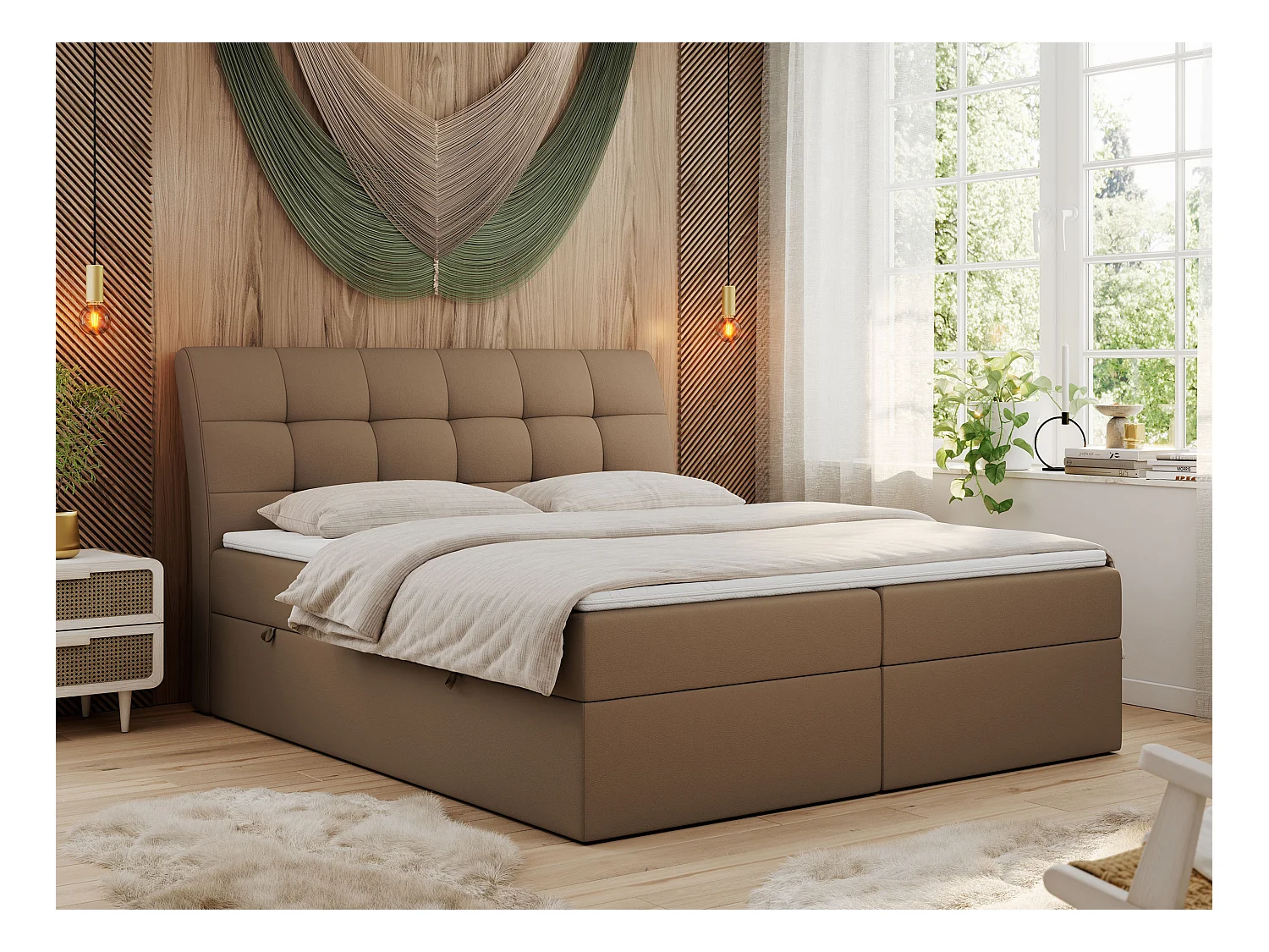 Boxspringbett DIEGOS mit Stauraum, gestepptem Kopfteil, Multipocket-Matratze - 120x200 cm - H4 - Braun Kunstleder