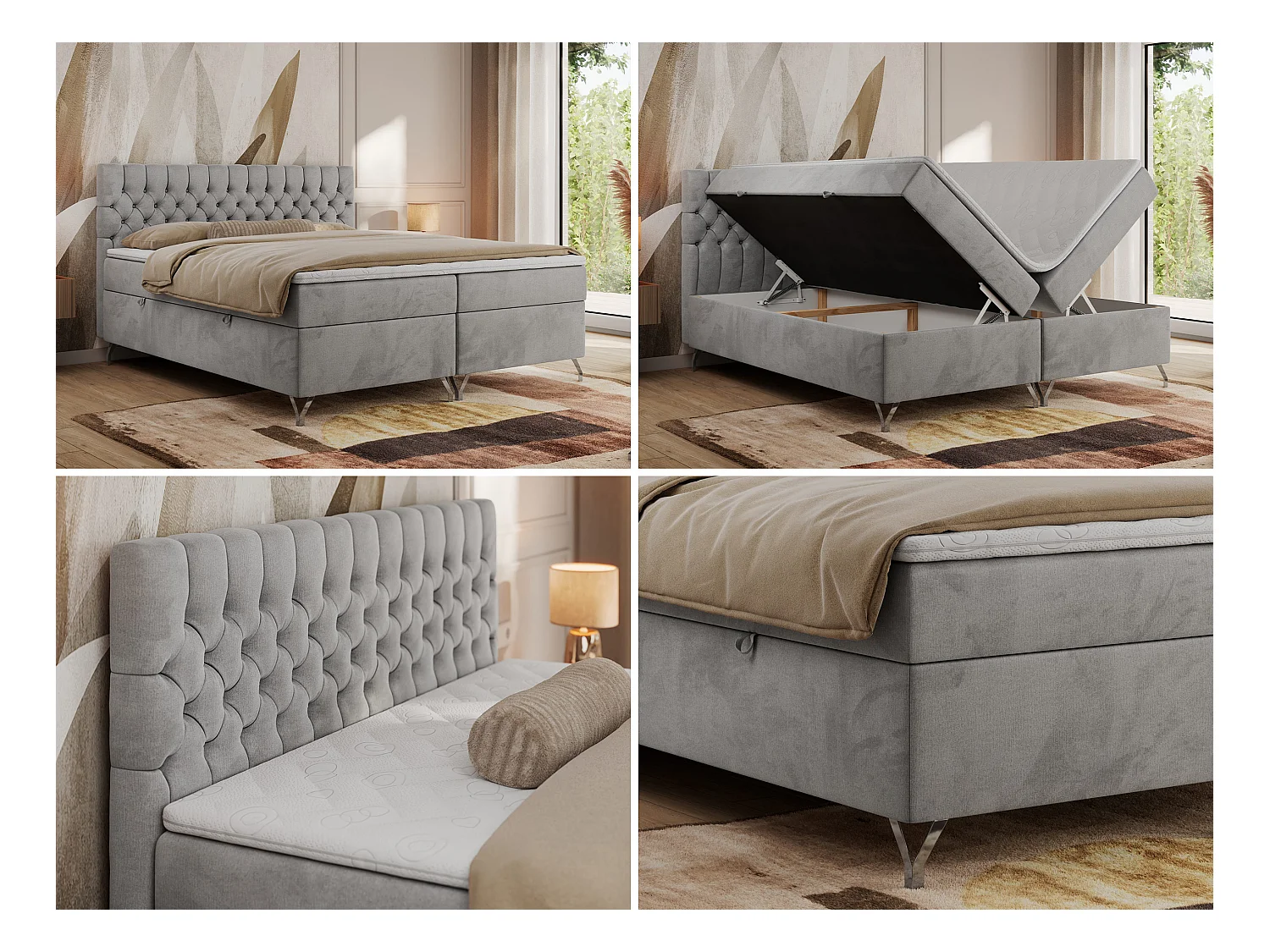 Boxspringbett GRIMALDI mit zwei Bettkästen, gesteppter Kopfstütze, Metallfüßen - 120x200 cm - H4 - Hellgrau Velvet